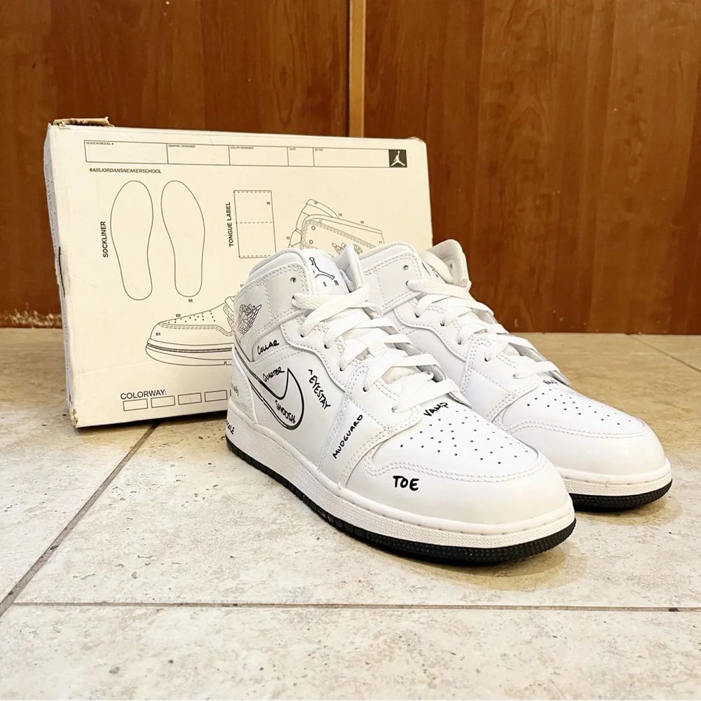 Nike Air Jordan 1 Mid SS White Black Schematics Athletic Sneakers Shoes Youth